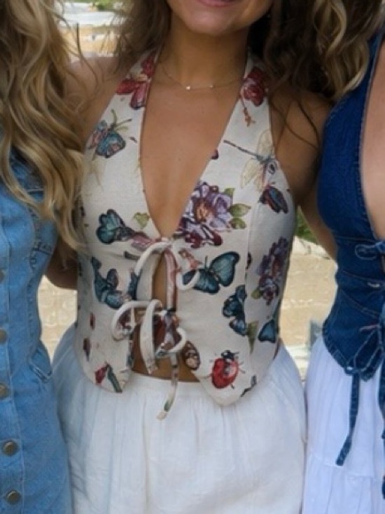 Vici Tops - Vici Cream Floral & Butterfly Lace-Up Halter Top